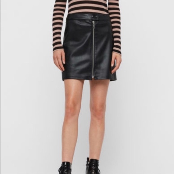 All Saints Lena Faux Leather Mini Front Zip Black Moto Skirt Size 2 NWT Defects - Picture 2 of 15